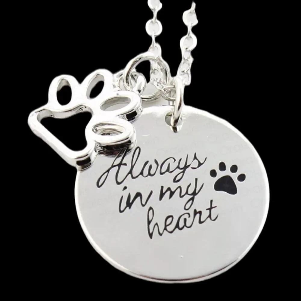 Dog Always In My Heart Paw Print Silver Plated Charm Necklace NWT